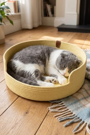 Reyo Pet El Yapımı Kedi ve Köpek Yatağı, %100 Pamuk İpli Evcil Hayvan Yatağı Açık Sarı
