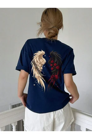 Unisex Gül Ve Kanat Baskılı Tasarım Tshirt