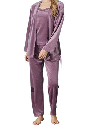Modalove Kadın 3 Lü Sabahlıklı Fransız Kadife Pijama Takımı