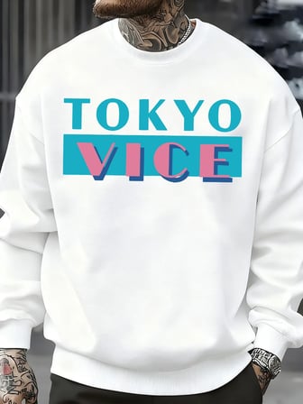 Tokyo Vice Büyük Harfli Baskılı Sweatshirt Erkek Polar Bol Moda Sokak Giyim O-Yaka Sonbahar K