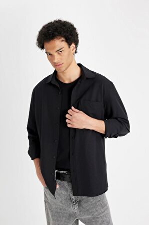 DeFacto Regular Fit Düğmeli Yaka Basic Düz Pamuk Karışımlı Uzun Kollu Gömlek D4183AX24AUBK81