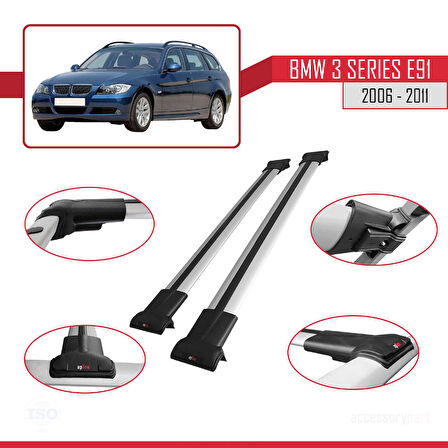 BMW 3 Series E91 Touring 2006-2011 Arası ile Uyumlu FLY Model Ara Atkı Tavan Barı Gri 2 Adet