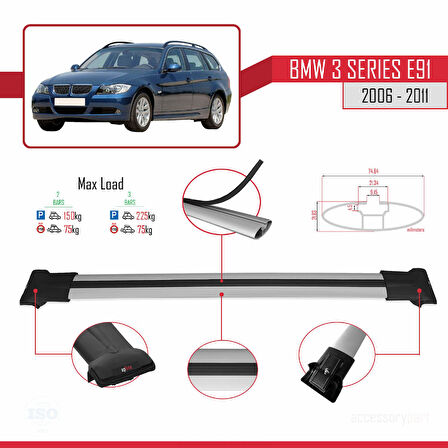 BMW 3 Series E91 Touring 2006-2011 Arası ile Uyumlu FLY Model Ara Atkı Tavan Barı Gri 2 Adet