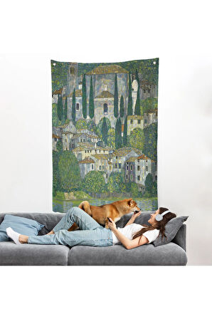 Gustav Klimt - Cassone'deki Kilise Selvili Manzara Duvar Örtüsü-8095