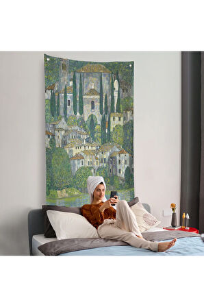 Gustav Klimt - Cassone'deki Kilise Selvili Manzara Duvar Örtüsü-8095