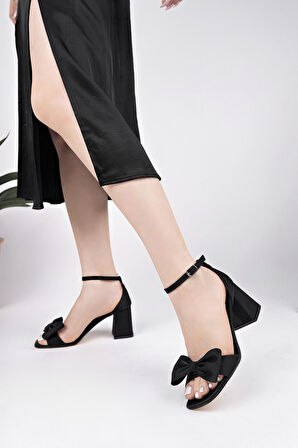 Topuklu Büyük Numara Kadın Saten Fiyonklu Tek Bant Ayakkabı