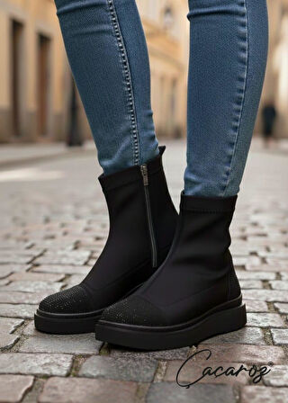 Büyük Numara Kadın Taşlı Esnek Streç Malzeme Bot 