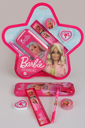 x Dekomus Lisanslı Barbie Yıldız Tasarımlı 5'li Kırtasiye Seti Metal Kalem Kutusu,Cetvel,Kalem