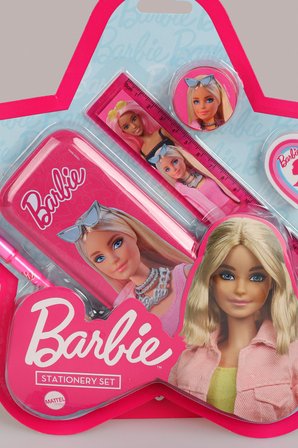 x Dekomus Lisanslı Barbie Yıldız Tasarımlı 5'li Kırtasiye Seti Metal Kalem Kutusu,Cetvel,Kalem