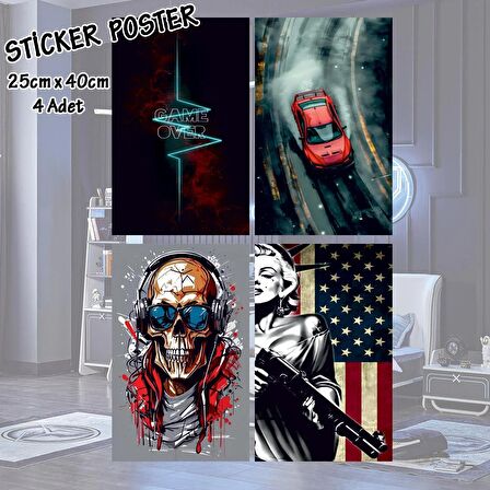 DJ SKULL İSKELET MARİLYN AMERİKA ARABA game over - 4 adet yapışkanlı poster sticker etiketler - dolap cam oda için