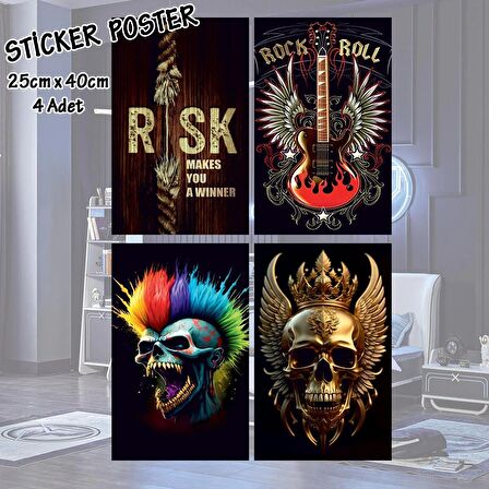 rock in roll altın iskelet risk - 4 adet yapışkanlı poster sticker etiketler - dolap cam oda için