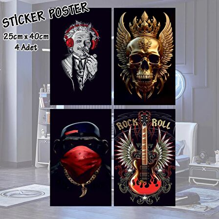albert rock in roll şapkalı maymun altın kuru kafa - 4 adet yapışkanlı poster sticker etiketler - dolap cam oda için