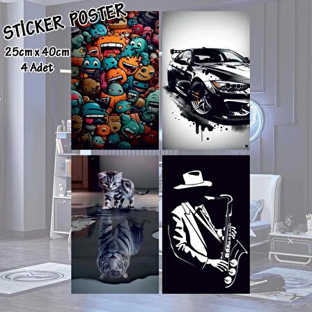 jazz smiley spor araba kedi kaplan - 4 adet yapışkanlı poster sticker etiketler - dolap cam oda için