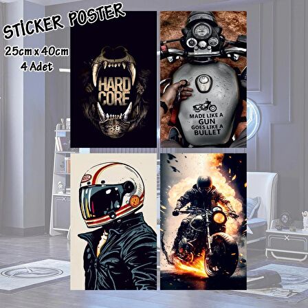 harley motosikler sürücü kasklı hard core - 4 adet yapışkanlı poster sticker etiketler - dolap cam oda için