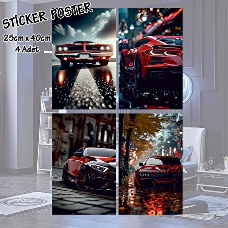 kırmızı spor lüks arabalar - 4 adet yapışkanlı poster sticker etiketler - dolap cam oda için