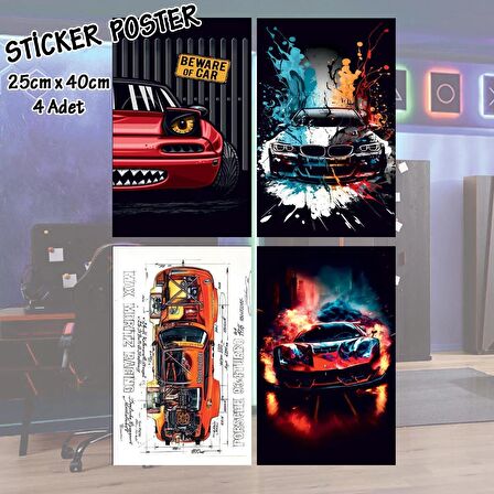 renkli spor araba modelleri - 4 adet yapışkanlı poster sticker etiketler - dolap cam oda için