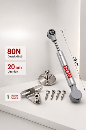 4 Adet Dolap Kapak Amortisörü 80N Gri 20 cm Gazlı Pistonlu Kalkar Kapak Destek Mekanizması Montaj Aparatları ve 16 Vida Dahil Mutfak Banyo Dolabı Gardırop ve Mobilya Kapakları İçin