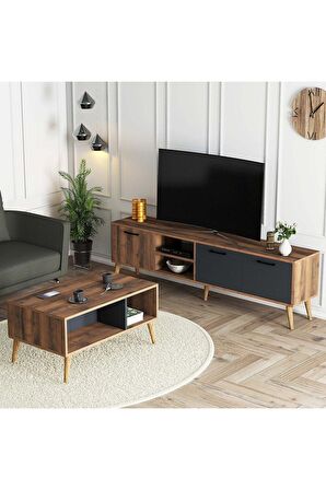 Set 1581-2070 Exxen 180 Cm Tv Ünitesi Exxen Orta Sehpa (AHŞAP AYAKLI) - Hat-antrasit Rengi