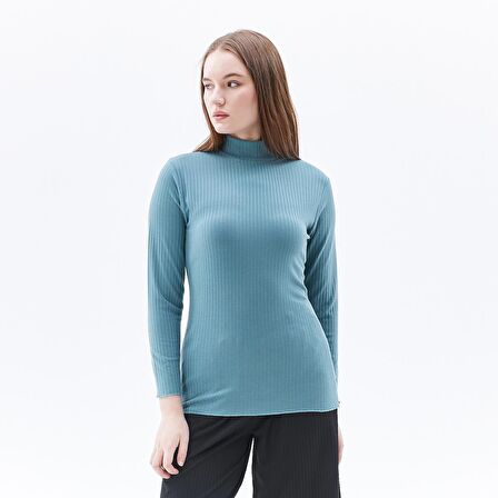 Kadın Dik Yakalı Fitilli Uzun Kollu Tişört