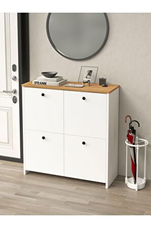 Kuzeylife Shiva Ayakkabılık  4 Kapaklı 4 Raflı Çok Amaçlı Dolap Beyaz-Safir Meşe