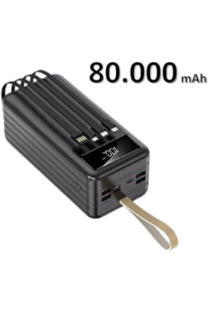 80.000 mAh Kamp Işıklı Çoklu Kablolu 4x USB 1x Type-C 1x Micro 1x Lightning Çıkışlı Power bank