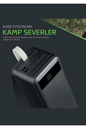 80.000 mAh Kamp Işıklı Çoklu Kablolu 4x USB 1x Type-C 1x Micro 1x Lightning Çıkışlı Power bank
