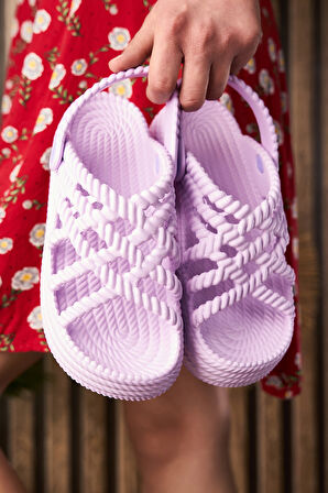 Günlük Kadın Terlik Örgü Detaylı Kalın Tabanlı Oval Burunlu Deniz Sandaleti 810