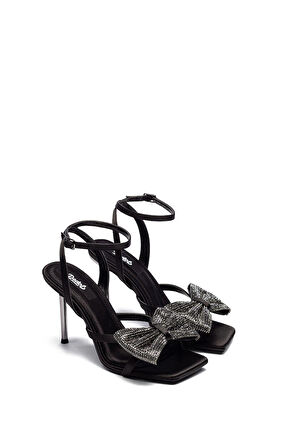 Yüksek Topuk Bilekten Bağlamalı Açık Kadın Taş Fiyonklu Abiye Ayakkabı 8100