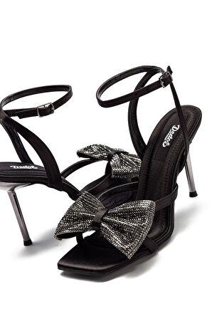 Yüksek Topuk Bilekten Bağlamalı Açık Kadın Taş Fiyonklu Abiye Ayakkabı 8100