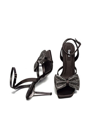 Yüksek Topuk Bilekten Bağlamalı Açık Kadın Taş Fiyonklu Abiye Ayakkabı 8100