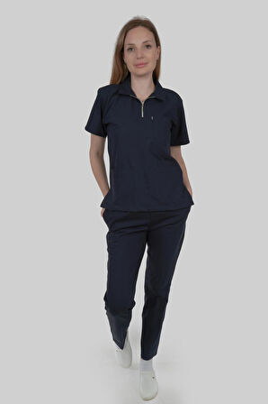 LACİVERT LİKRALI POLO YAKA HEMŞİRE DOKTOR FORMASI LİKRALI SCRUBS