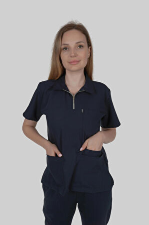 LACİVERT LİKRALI POLO YAKA HEMŞİRE DOKTOR FORMASI LİKRALI SCRUBS