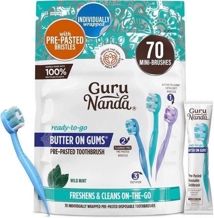 gurunanda mini disposable toothbrush prepasted ready-to-go travel toothbrush with butter on gums bristles 70 ct