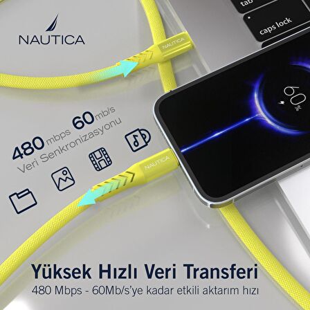 Nautica C50 USB-C to Lightning PD 20W Hızlı Şarj ve Data Kablosu 1.2M Sarı