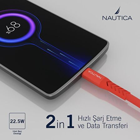 Nautica C20 Type-C to USB-A 22.5W Hızlı Şarj ve Data Kablosu 2.1M Kırmızı