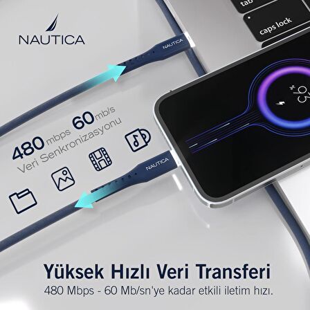 Nautica C55 PD USB-C to Lightning 20W Led Işıklı Şarj ve Data Kablosu 1.2M Navy