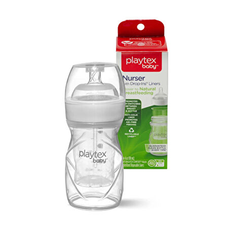 Playtex Baby ™ Nurser® Yenidoğan Bebek Biberon &  Liners®  Seti - 100% Anti-Kolik - 118ml, 1 Adet Biberon & 5 Adet Sterilize Tek Kullanımlık Liners Biberon Torbaları, 0+ Ay,Yavaş Akış 