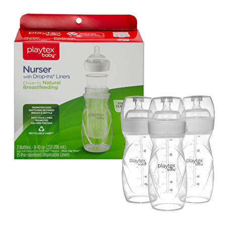 Playtex Baby ™ Nurser® Bebek Biberon & Liners®  Seti - 100% Anti-Kolik - 236ml , 3 Adet Biberon & 15 Adet Sterilize Tek Kullanımlık Liners Biberon Torbaları, 3+Ay,Orta Akış  