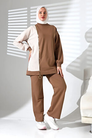 Kadın Mevsimlik Alt Üst Rahat Kahverengi Spor Ikili Tunik Pantolon Şık Tesettür Takım