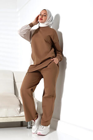 Kadın Mevsimlik Alt Üst Rahat Kahverengi Spor Ikili Tunik Pantolon Şık Tesettür Takım