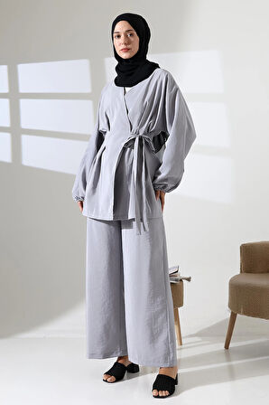 Kadın 100% Pamuk Modal Gri Kimono Pantolon Tesettür Takım