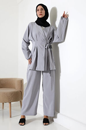 Kadın 100% Pamuk Modal Gri Kimono Pantolon Tesettür Takım