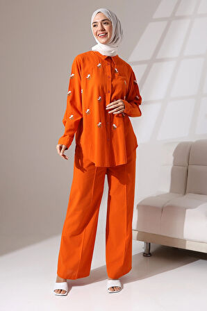 100% Pamuk Keten Günlük ve Rahat Çiçek Desen Nakışlı Gömlek Pantolon Yazlık Alt Üst Takım