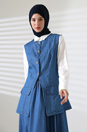 Kadın 100% Pamuk Kot Mavi Yelek Etek Tesettür Takım