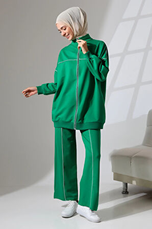 Kadın Benetton Yeşili Mevsimlik Penye Alt Üst Spor Ve Rahat Ikili Tunik Pantolon Şık Tesettür Takım