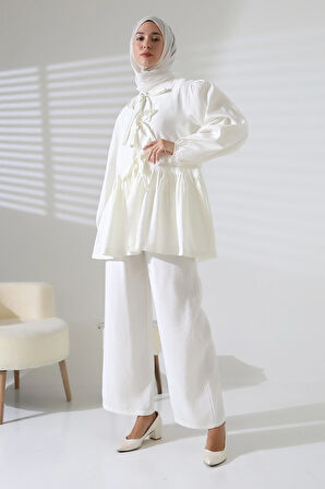 Kadın 100% Pamuk Modal Beyaz Gömlek Pantolon Tesettür Takım