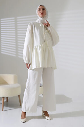 Kadın 100% Pamuk Modal Beyaz Gömlek Pantolon Tesettür Takım