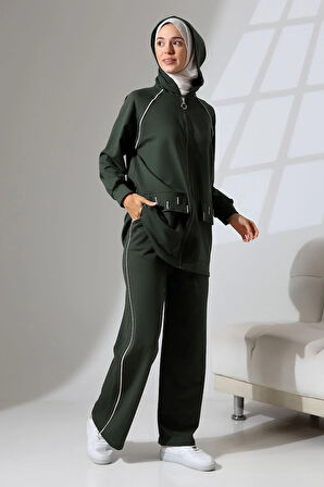 Kadın Haki Yeşili Mevsimlik Penye Alt Üst Spor Ve Rahat Ikili Tunik Pantolon Şık Tesettür Takım