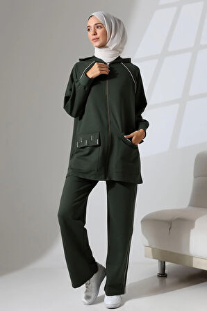 Kadın Haki Yeşili Mevsimlik Penye Alt Üst Spor Ve Rahat Ikili Tunik Pantolon Şık Tesettür Takım