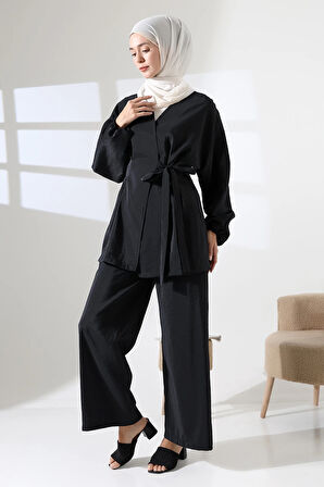 Kadın 100% Pamuk Modal Siyah Kimono Pantolon Tesettür Takım